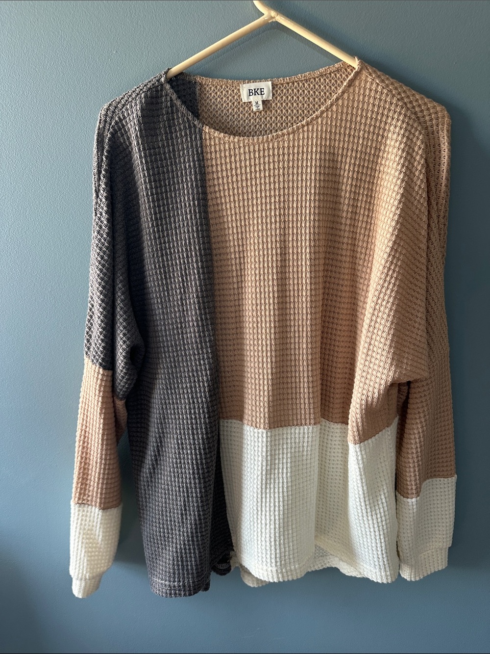 BKE Colorblock Waffle-Knit Crewneck Sweater - Taupe, Gray & White
